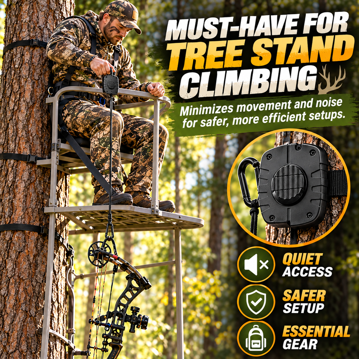 Treestand Gear Hoist - Retractable Bow & Gear Hoist for Hunting,Bow Rope with Crank Handle for Easy Rope Rewinding