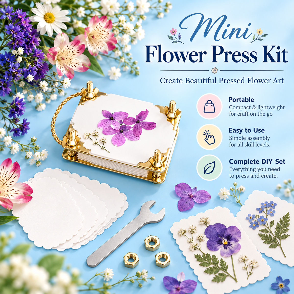 Mini Flower Press Kit with 20 Reusable Papers & Wrench for DIY Crafts