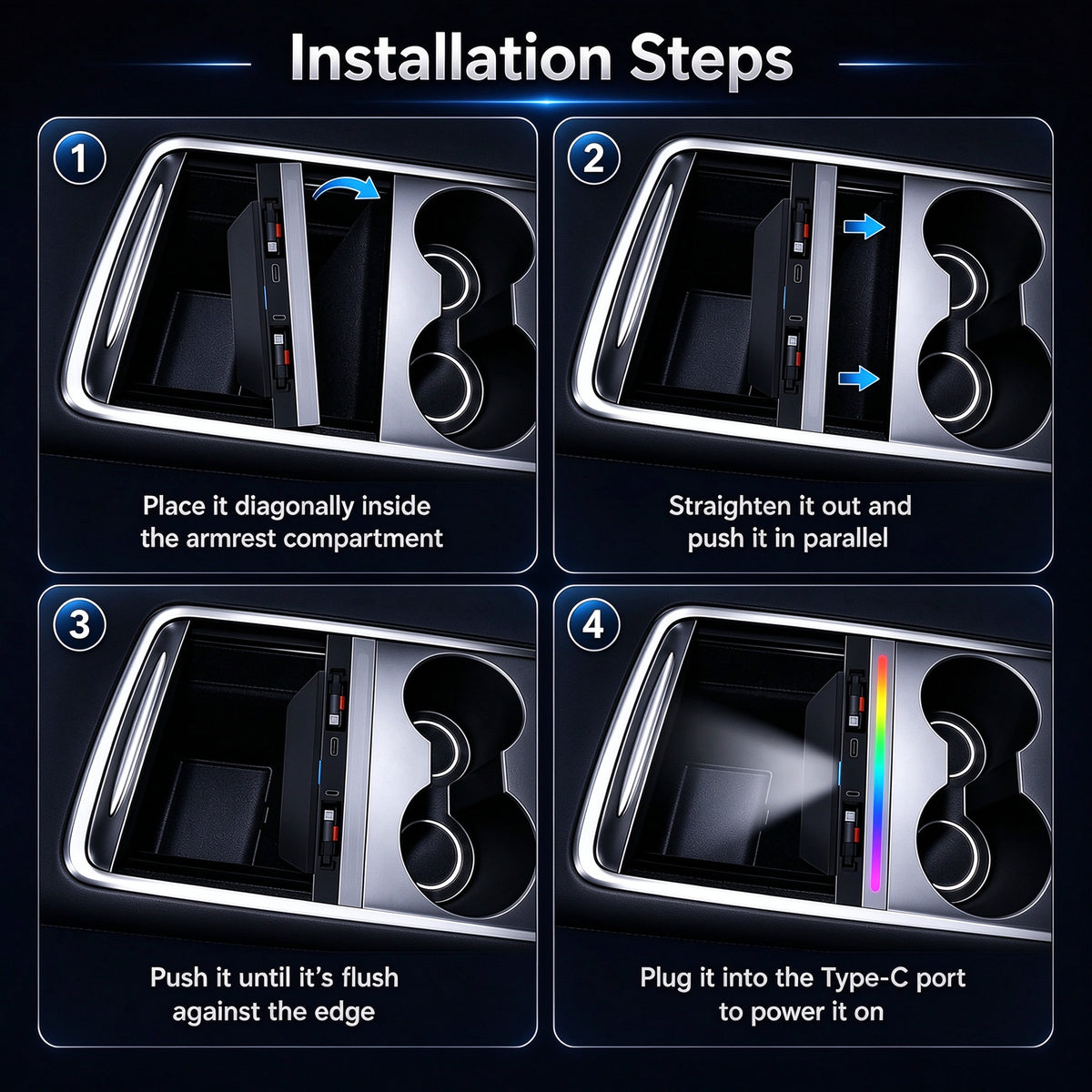 4-Port Center Console Charger with Retractable Type C&Lightning Cables and RGB Light