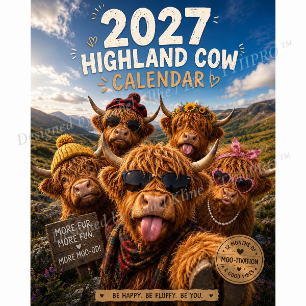 2027 Funny Highland Cow Wall Calendar