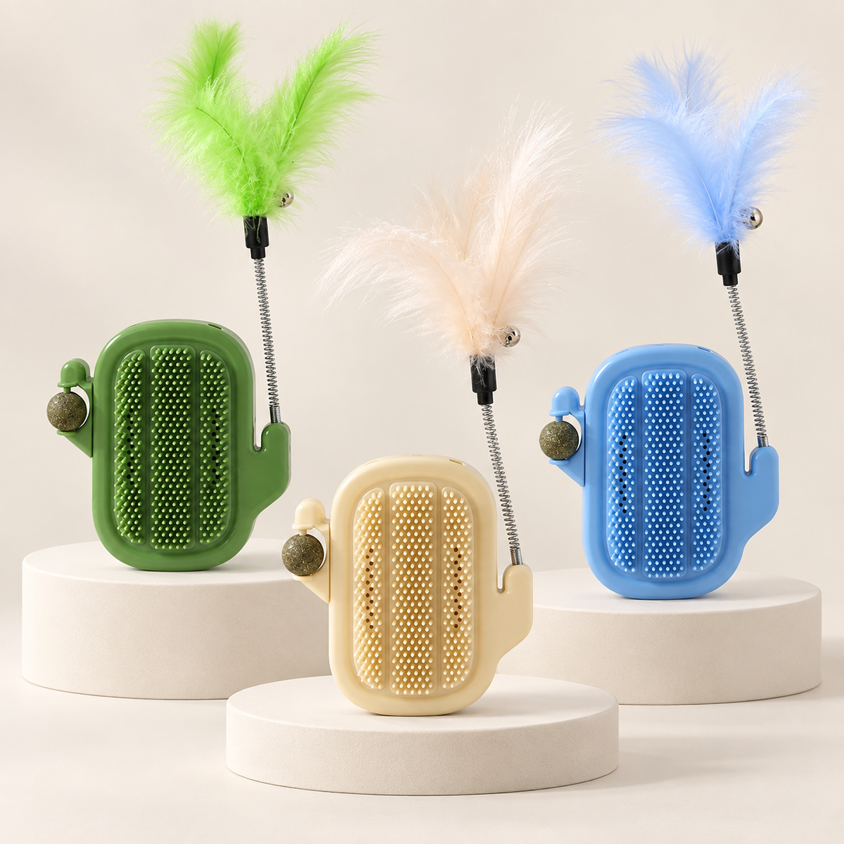 π΅ Say Goodbye to Bored Cats! 3-in-1 Cactus Self Grooming Massager with Catnip & Feather Toy