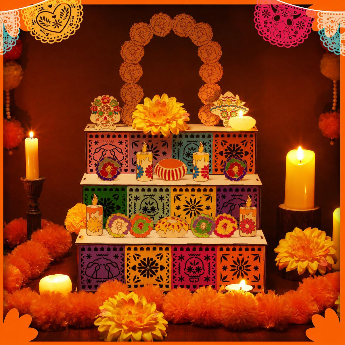 3‑Tier Wooden Day of the Dead Ofrenda Altar Set, Complete Decor Kit with Skull, Marigolds, Candles & Papel Picado