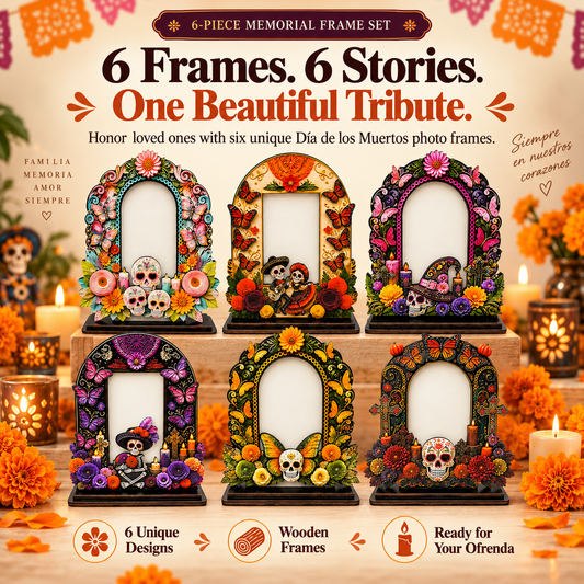 Day of the Dead Handcrafted Memorial Photo Frame Set—6 Colorful Wooden Offering Photo Frames