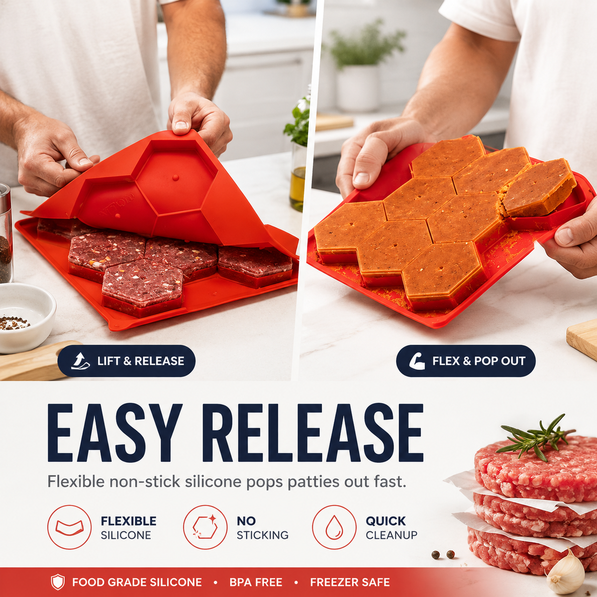 8-in-1 Hamburger Patty Storage Containers & Burger Mold - Non-Stick Silicone