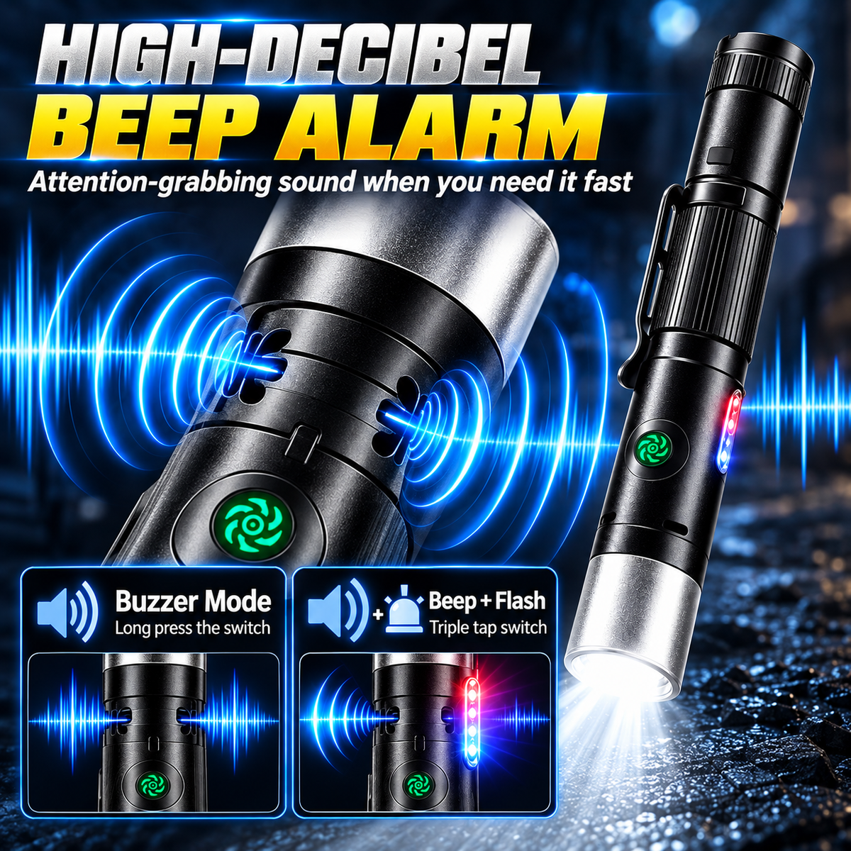 Multi‑Functional Portable Self Defense Flashlight – Rechargeable Electric Deterrent Device with High-Intensity LED & Built-In Alarm