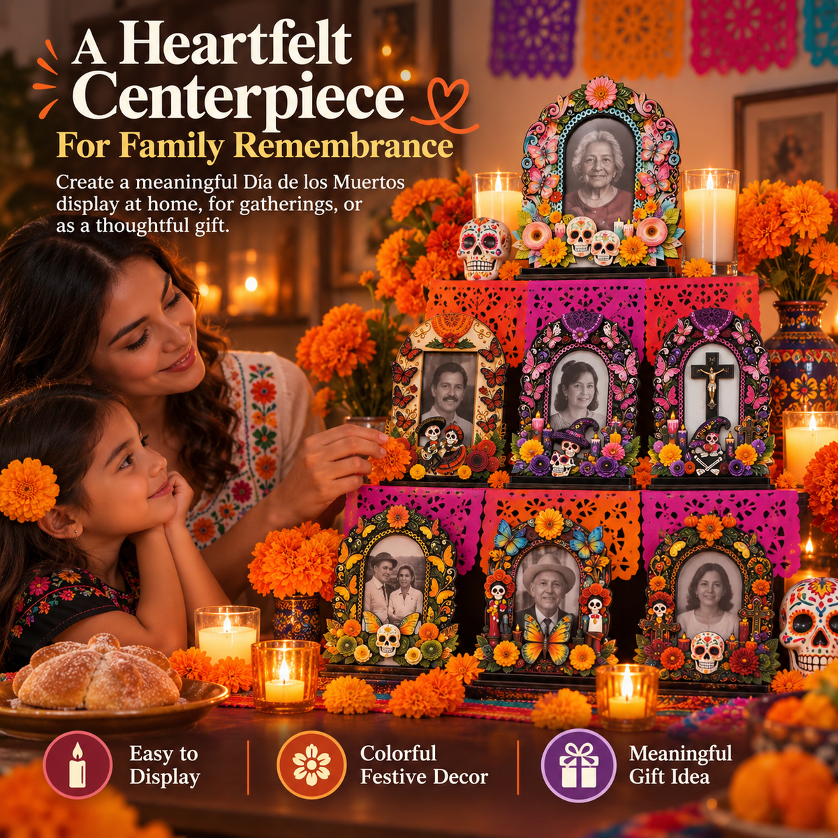 Day of the Dead Handcrafted Memorial Photo Frame Set—6 Colorful Wooden Offering Photo Frames