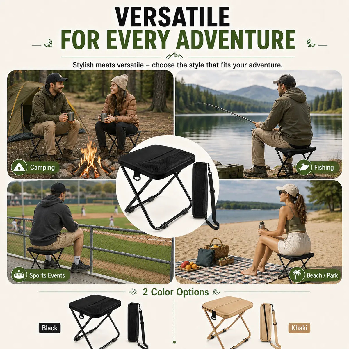 Unisex Nylon Fabric Portable Folding Stool - Compact Adult Fit Collapsible Backpack Chair