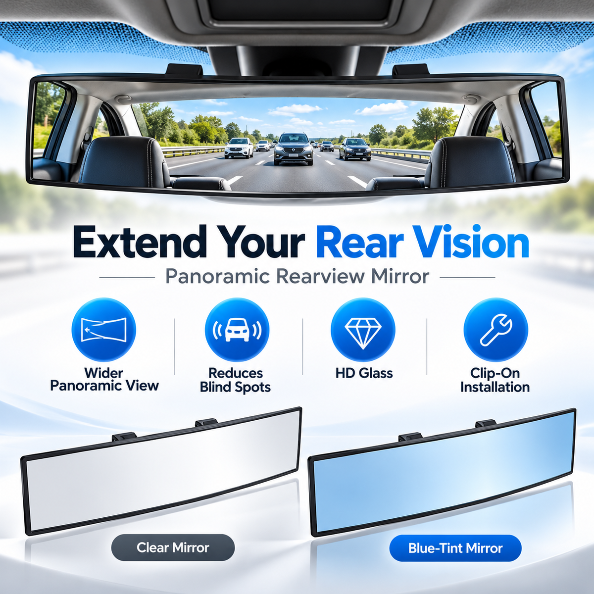 🚗 Panoramic Rearview Mirror · Eliminate Blind Spots Instantly