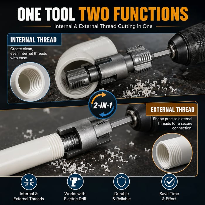 ⚡Drill-Powered Pipe Thread Cutting Bit — Internal & External Threading for 1/2' & 3/4' Plastic Pipes