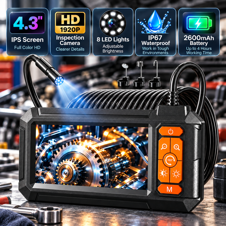 Inspection camera with a built-in screen, orange controls and an illuminated probe