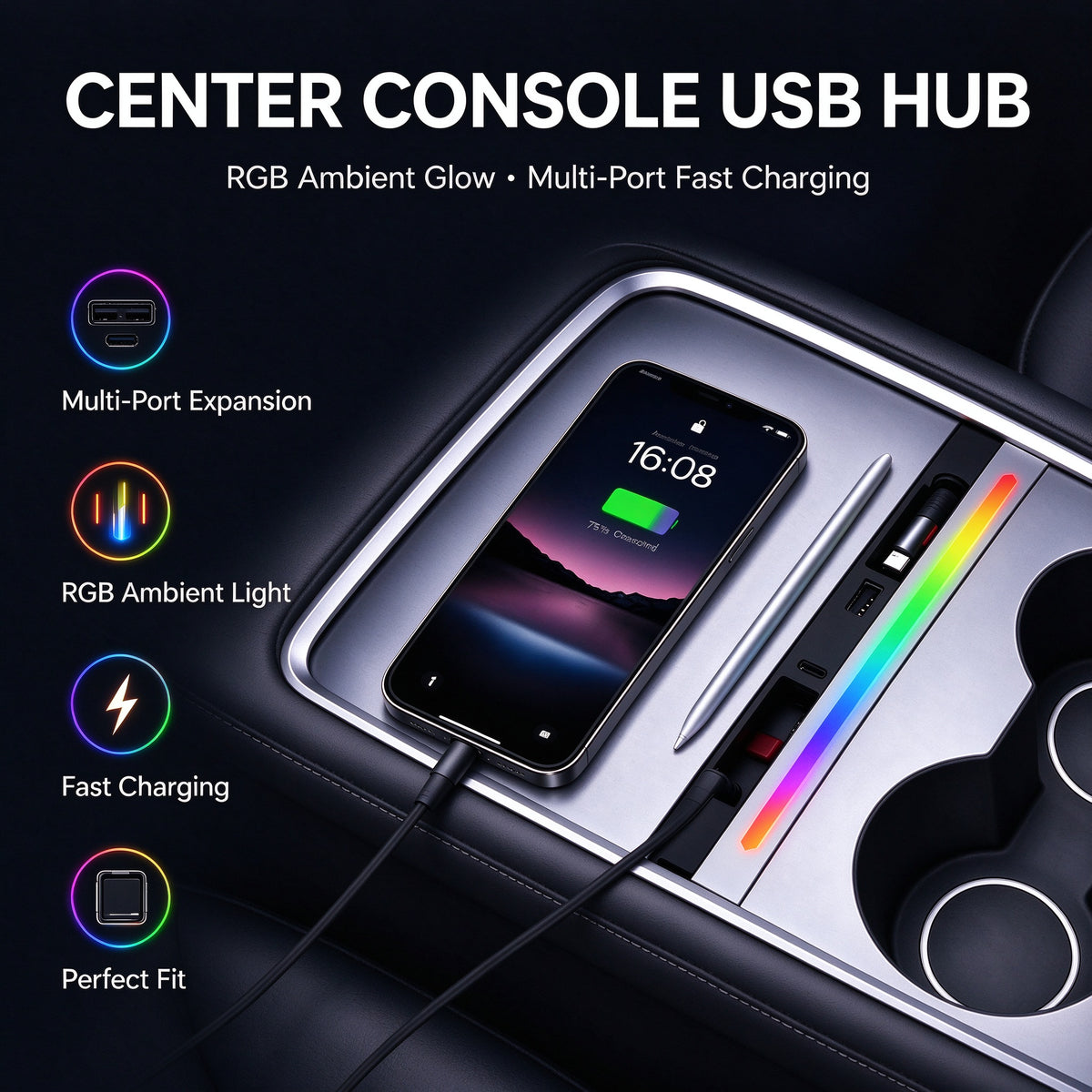 4-Port Center Console Charger with Retractable Type C&Lightning Cables and RGB Light