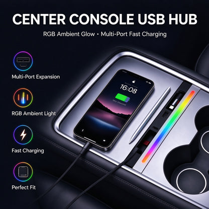 4-Port Center Console Charger with Retractable Type C&Lightning Cables and RGB Light