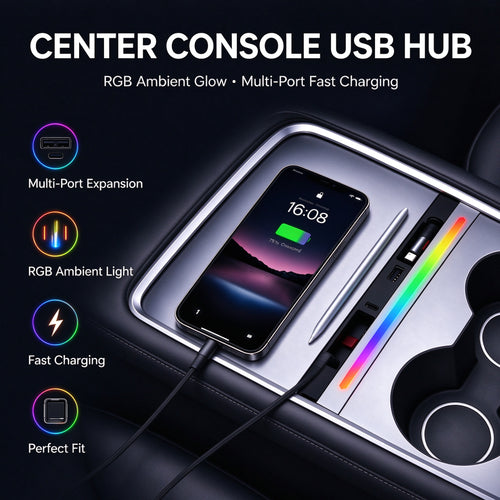 4-Port Center Console Charger with Retractable Type C&Lightning Cables and RGB Light