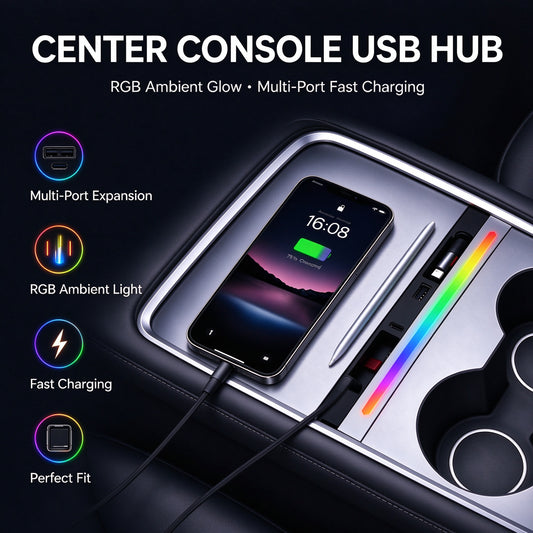 4-Port Center Console Charger with Retractable Type C&Lightning Cables and RGB Light