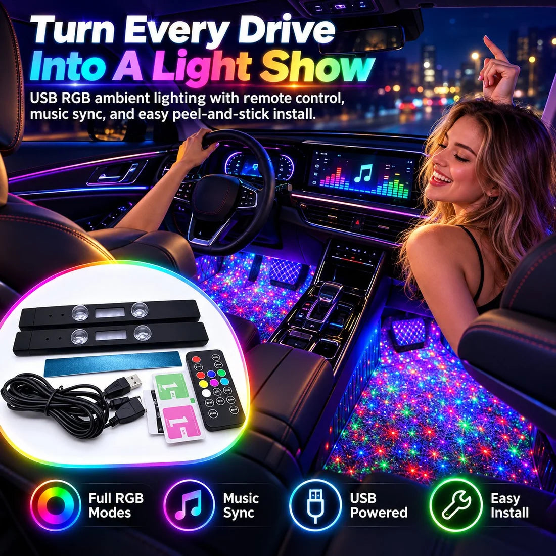 🚗✨ Wireless Car Interior LED Lights – Automatic Sensor Ambient Lighting for Cars, SUVs & Trucks
