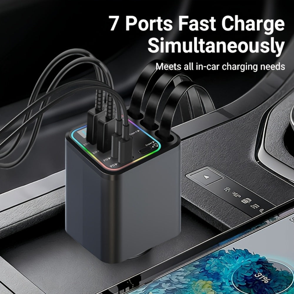 7-in-1 Car Charger Hub – 3 Retractable Cables & LED Display
