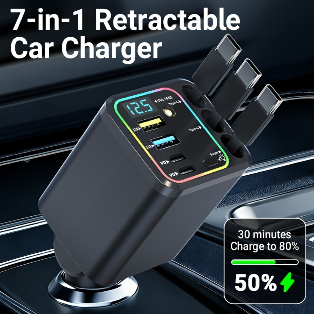 7-in-1 Car Charger Hub – 3 Retractable Cables & LED Display