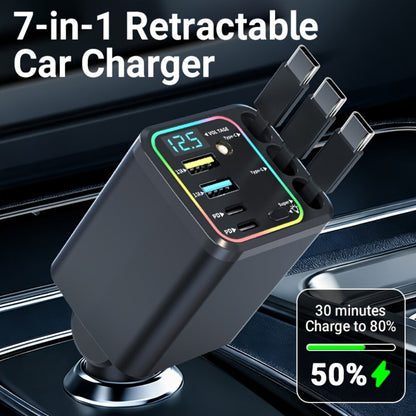 7-in-1 Car Charger Hub – 3 Retractable Cables & LED Display
