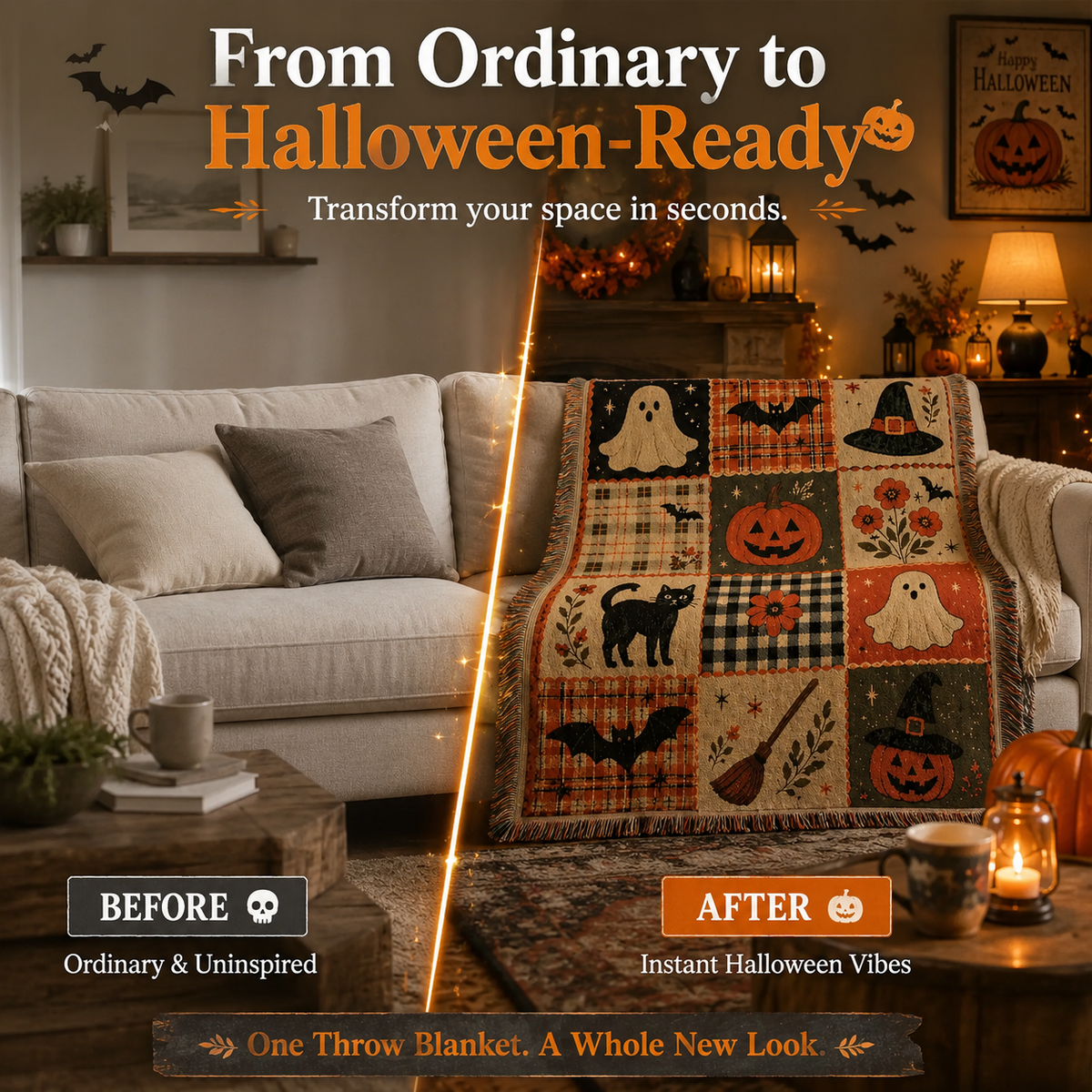 🎃 Vintage Halloween Patchwork Throw Blanket – Cozy Fall Home Decor