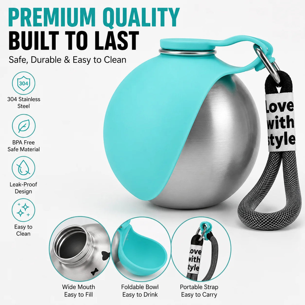 2-in-1 Dog Travel Water Bottle – Leakproof Stainless Steel Bottle with Silicone Bowl