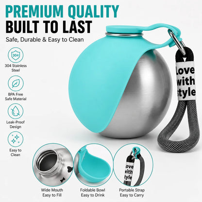 2-in-1 Dog Travel Water Bottle – Leakproof Stainless Steel Bottle with Silicone Bowl
