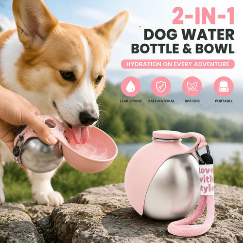 2-in-1 Dog Travel Water Bottle – Leakproof Stainless Steel Bottle with Silicone Bowl