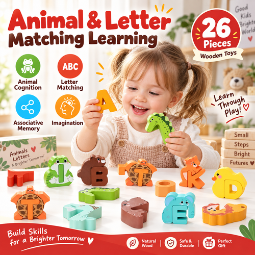 🔤 26-Piece Wooden Letter & Animal Matching Toy