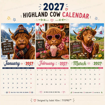 2027 Funny Highland Cow Wall Calendar