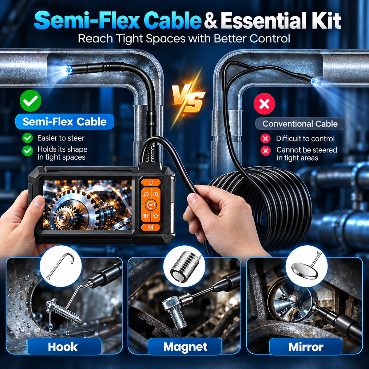 Endoscope Camera with 4.3-Inch IPS Screen, 8 LED Lights, IP67 Waterproof - Diagnostic Tool for Sewer, Automotive, and Home Inspections