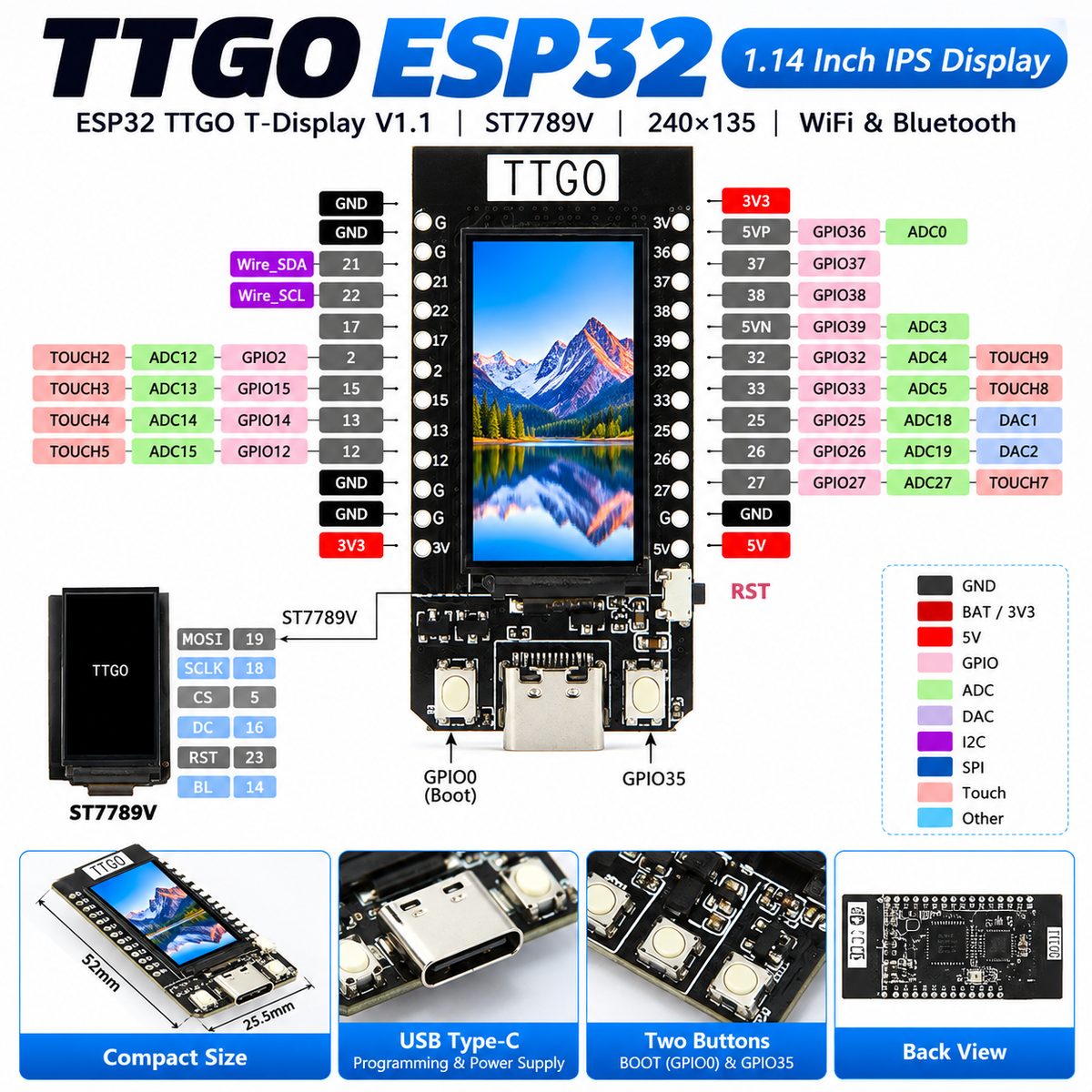 TTGO T-Display 4MB ESP32 WiFi Bluetooth Module 1.14 inch Development Board for Arduino
