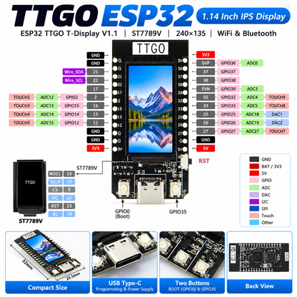 TTGO T-Display 4MB ESP32 WiFi Bluetooth Module 1.14 inch Development Board for Arduino