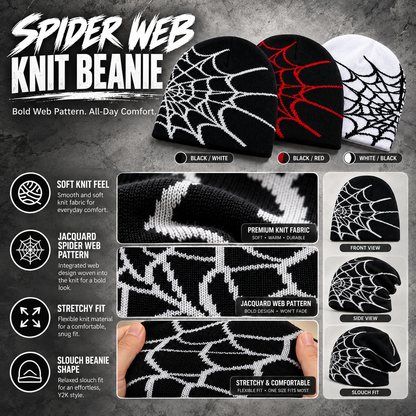 Unisex Y2K Spider Web Skull Cap Beanie - Viral Graphic Jacquard Knit Streetwear Grunge Aesthetic Hat