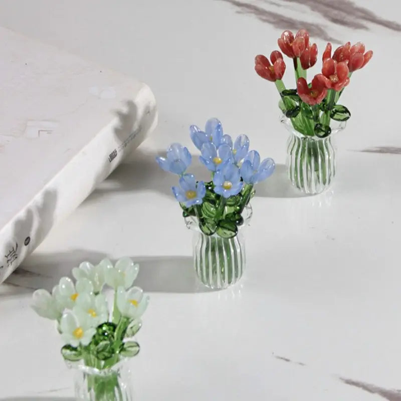 🌹Handcrafted Mini Glass Flower Set with Vase