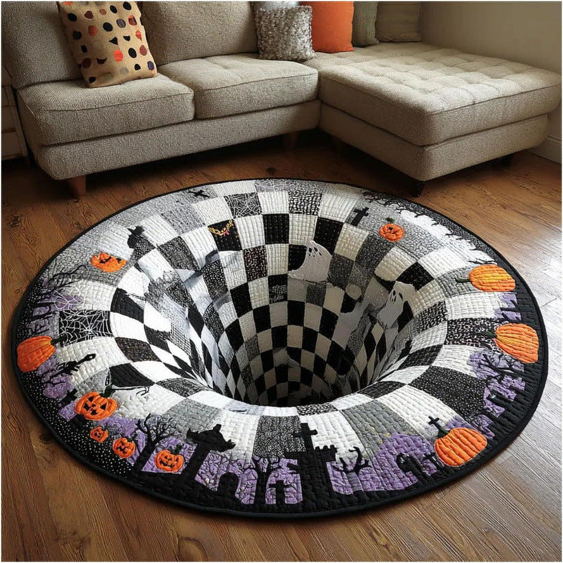 Halloween Round Rug 3D Skeleton Vortex Quilted Illusion Mat