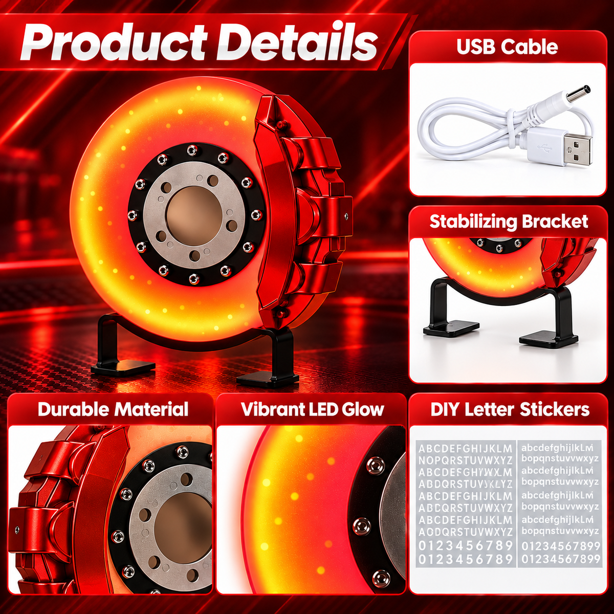 Brake Disc LED Lamp Car Guy Gifts for Men, Red