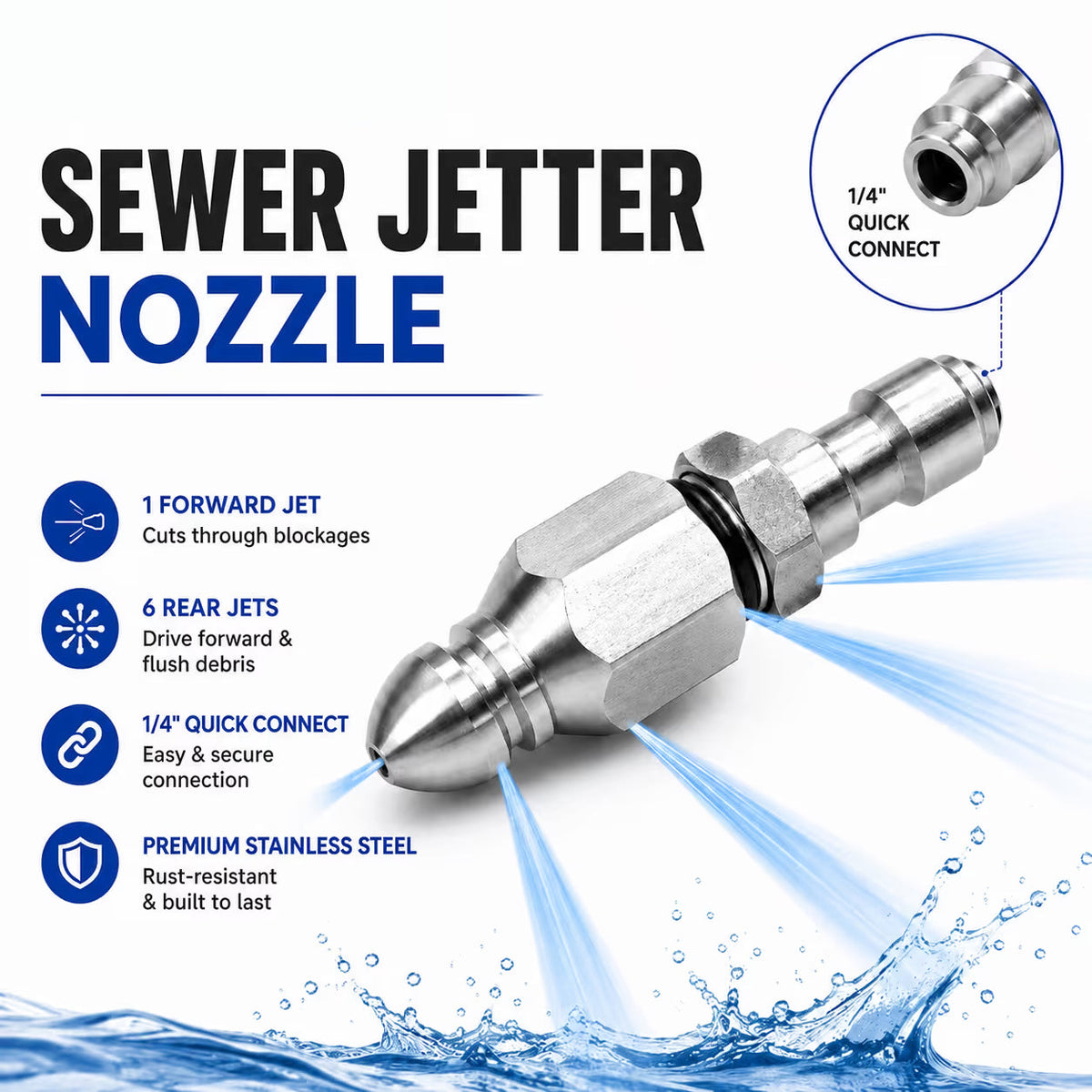 💦Stainless Steel Sewer Jetter Nozzle – 1/4' Quick Connect Drain Cleaning Attachment for Pressure Washers