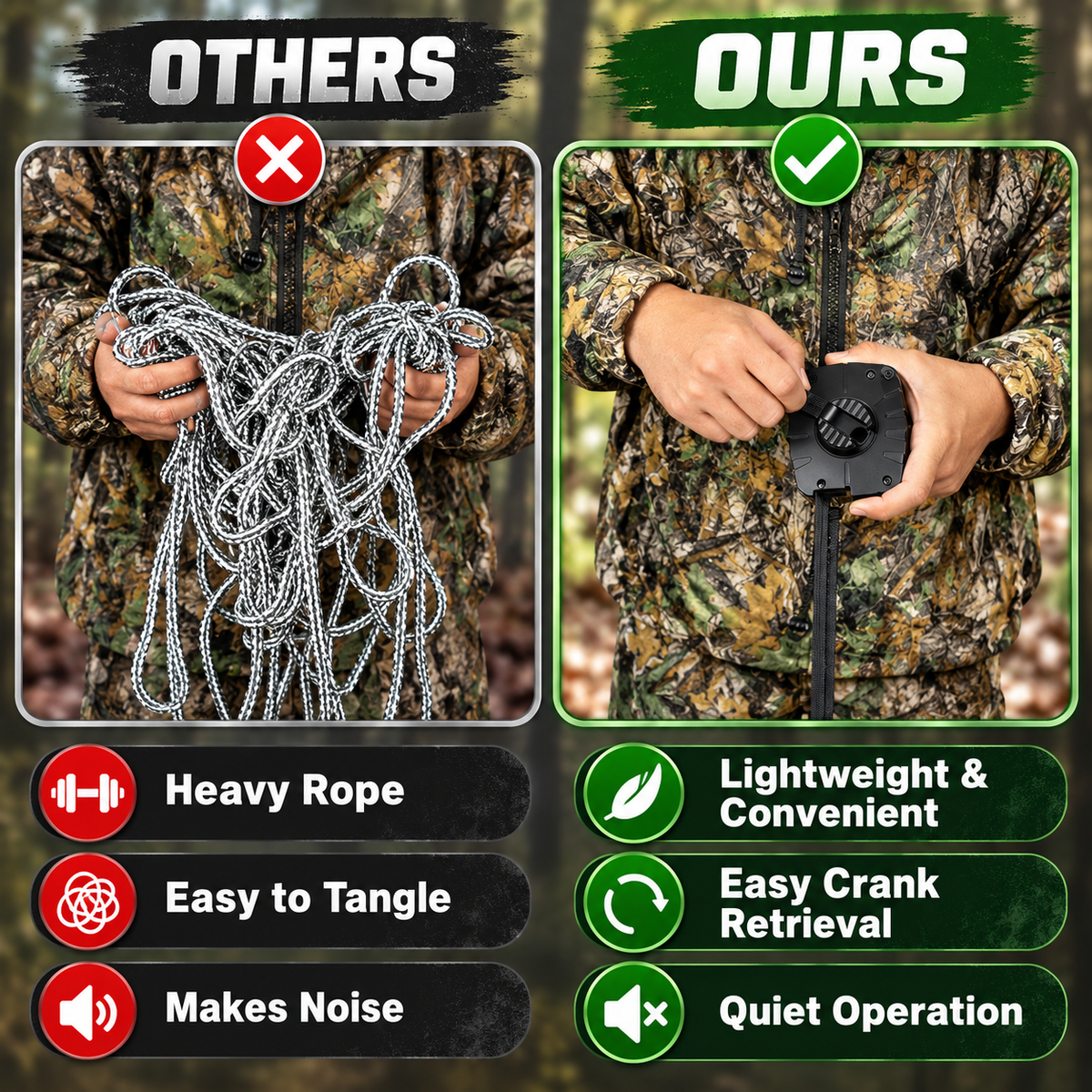 Treestand Gear Hoist - Retractable Bow & Gear Hoist for Hunting，Bow Rope with Crank Handle for Easy Rope Rewinding