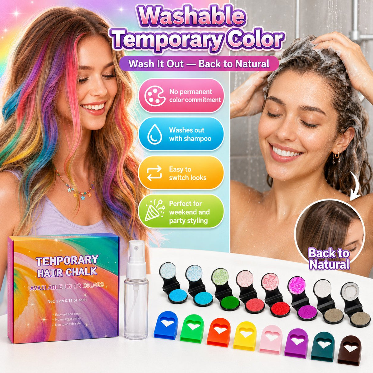 🌈 12-Color Washable Hair Chalk Set