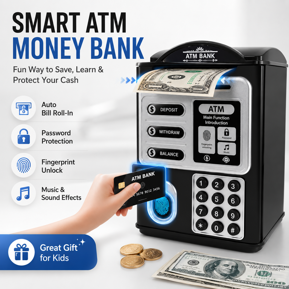 Piggy Bank for Kids, Mini ATM Coin Money Bank with Password and Fingerprint Simulation