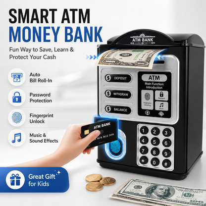 Piggy Bank for Kids, Mini ATM Coin Money Bank with Password and Fingerprint Simulation