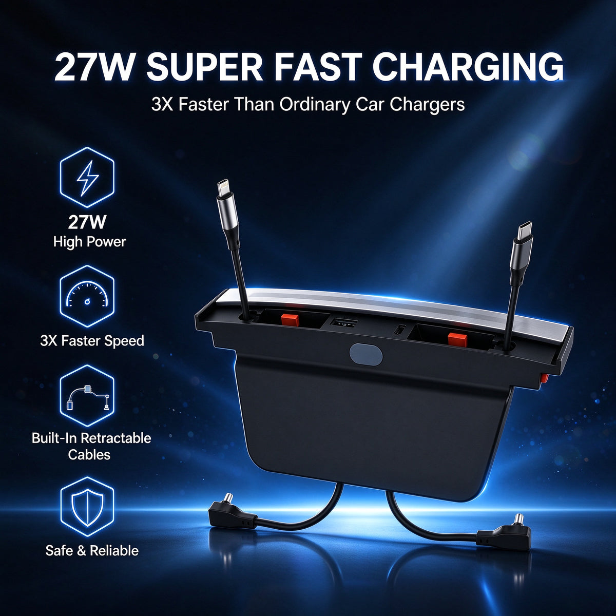 4-Port Center Console Charger with Retractable Type C&Lightning Cables and RGB Light