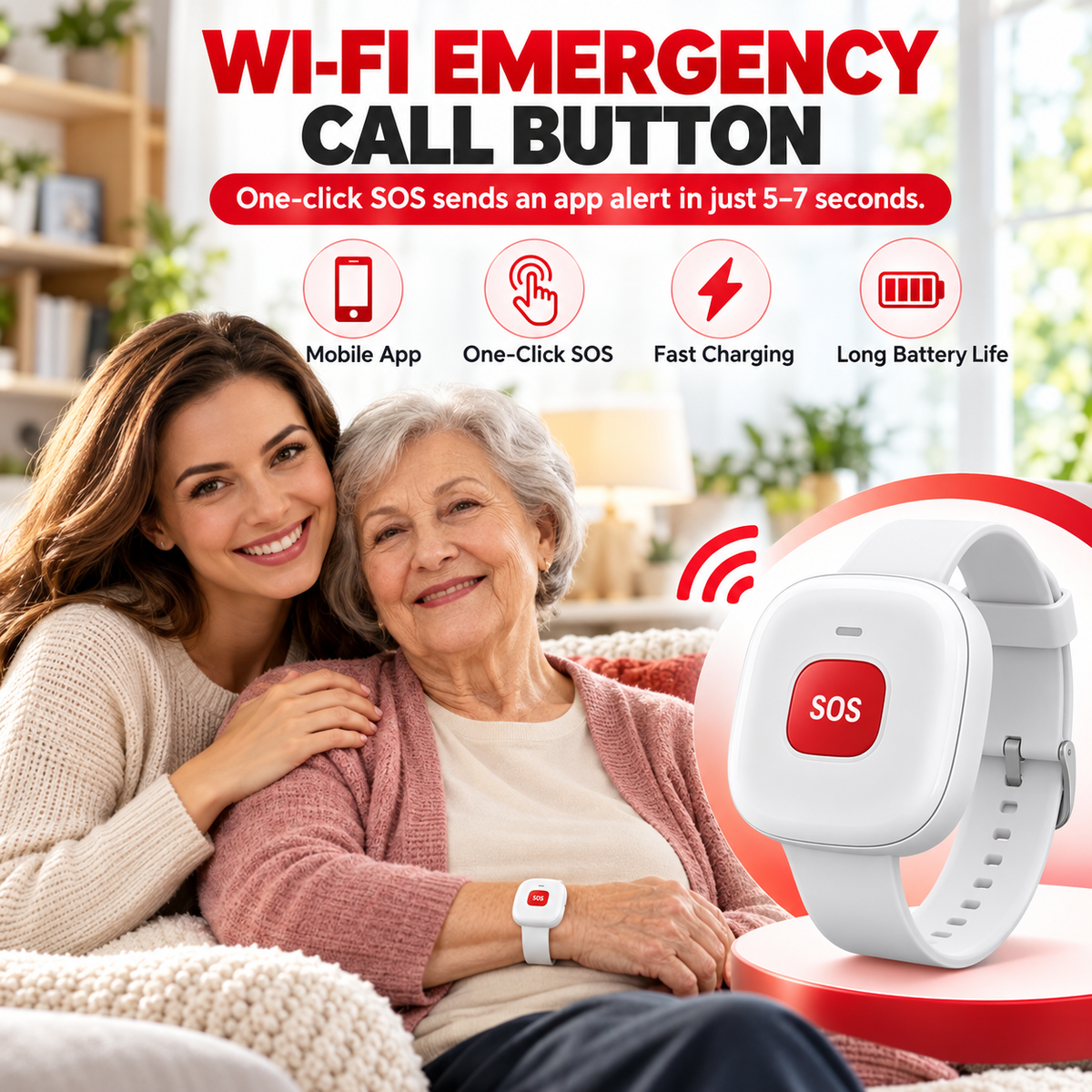 WiFi Elderly Caregiver Call Button – App Alert & Wireless Pager for Seniors