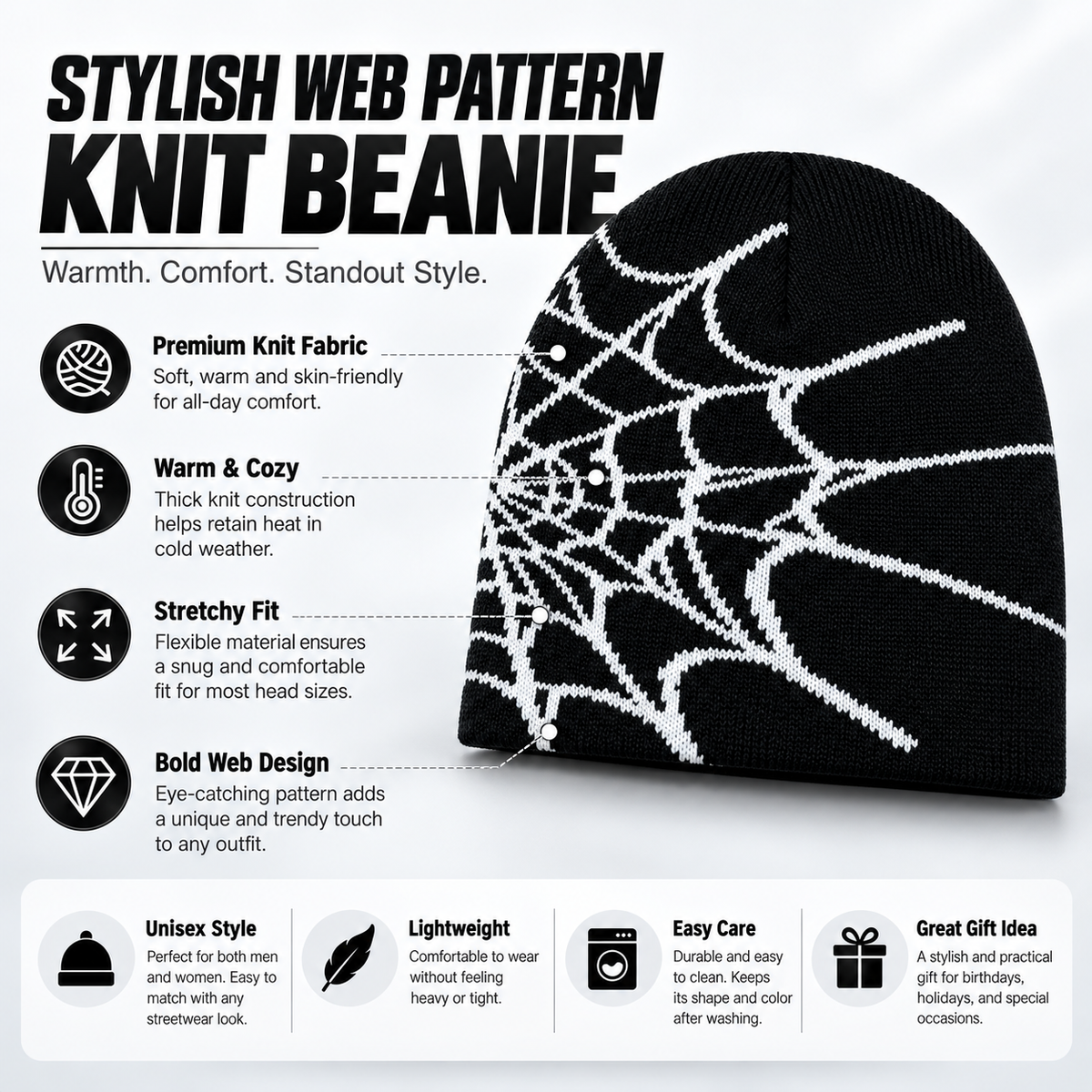 Unisex Y2K Spider Web Skull Cap Beanie - Viral Graphic Jacquard Knit Streetwear Grunge Aesthetic Hat