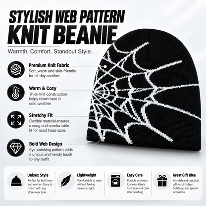 Unisex Y2K Spider Web Skull Cap Beanie - Viral Graphic Jacquard Knit Streetwear Grunge Aesthetic Hat