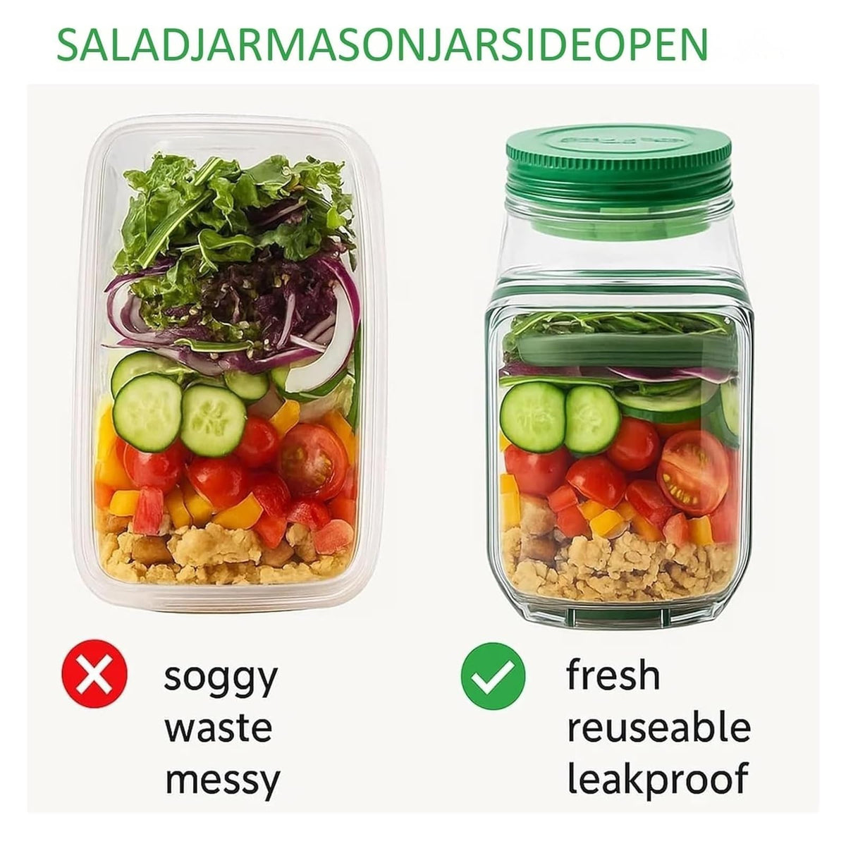Salad Pod – Leakproof Mason Jar Style Salad Container with Side Hatch Bowl Design