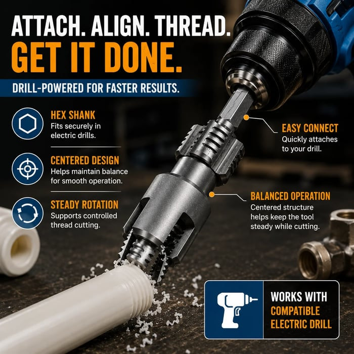 ⚡Drill-Powered Pipe Thread Cutting Bit — Internal & External Threading for 1/2' & 3/4' Plastic Pipes