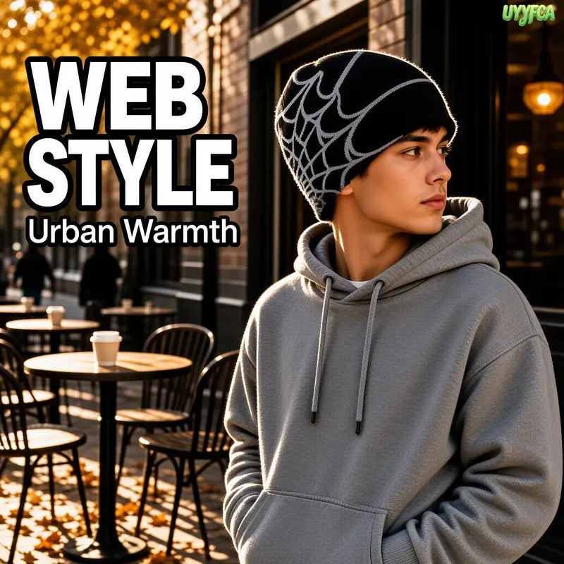 Unisex Y2K Spider Web Skull Cap Beanie - Viral Graphic Jacquard Knit Streetwear Grunge Aesthetic Hat