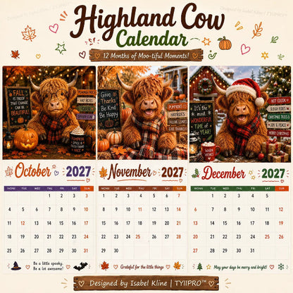 2027 Funny Highland Cow Wall Calendar