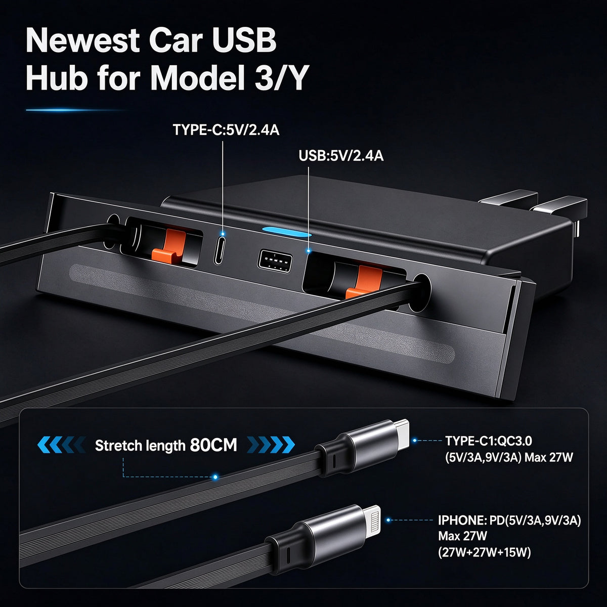 4-Port Center Console Charger with Retractable Type C&Lightning Cables and RGB Light