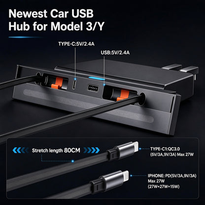 4-Port Center Console Charger with Retractable Type C&Lightning Cables and RGB Light